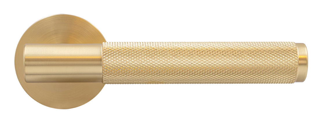 Ручка дверная AZRIELI MH-57-R6T MSG раздельная на круглой розетке, цвет матовый сатинированный золото, ЦАМ фото купить в Томске