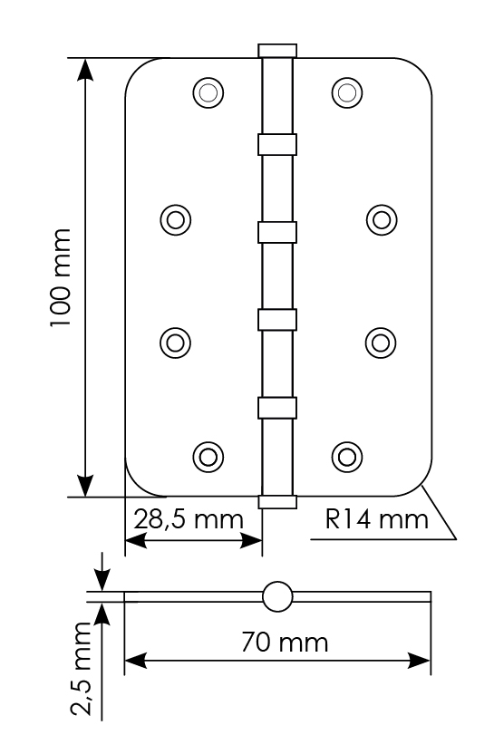 Петля стальная MSN-C 100X70X2.5-4BB SN скругленная универсальная с подшипником, вес полотна до 40 кг, цвет белый никель фото купить в Томске